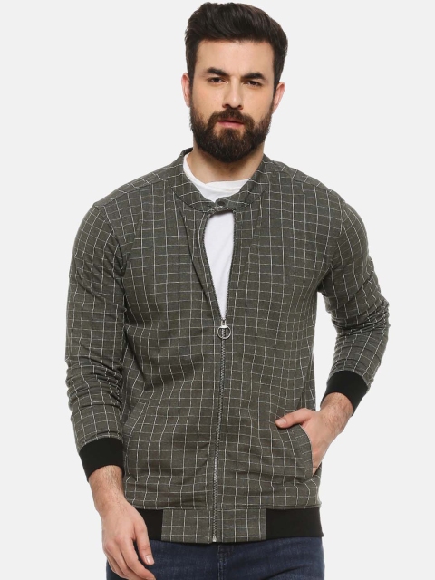 

Campus Sutra Men Olive Green & Grey Checked Windcheater Bomber