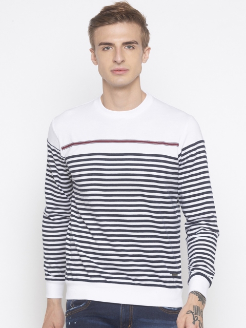 Globus Men White & Navy Blue Striped Round Neck T-shirt