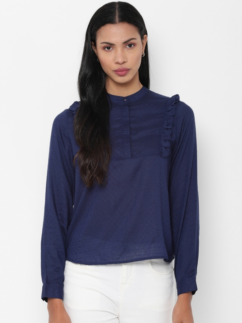 

People Women Navy Blue Self Design Shirt Style Top