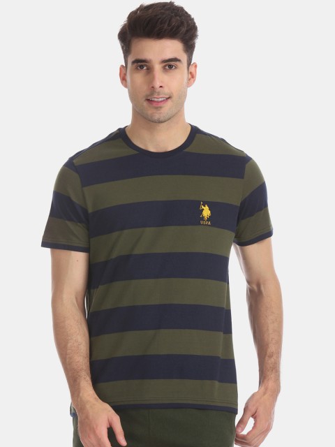 

U.S. Polo Assn. Men Olive Green Striped Round Neck Pure Cotton T-shirt