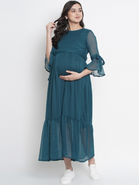 

Mine4Nine Women Teal green Solid Maternity Fit and Flare Dress