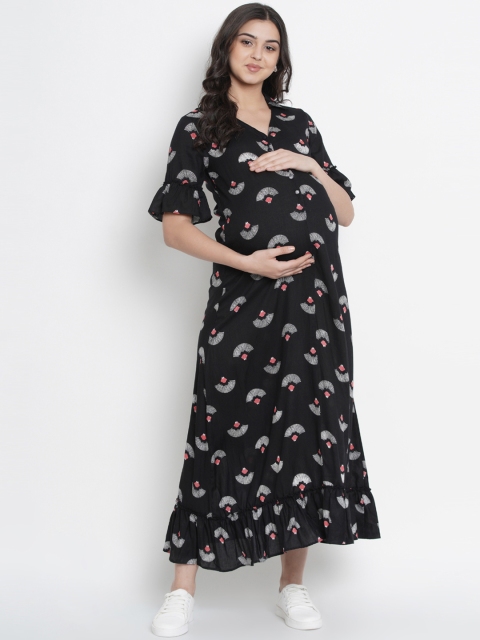 

Mine4Nine Women Black Printed Maternity Shirt Dress