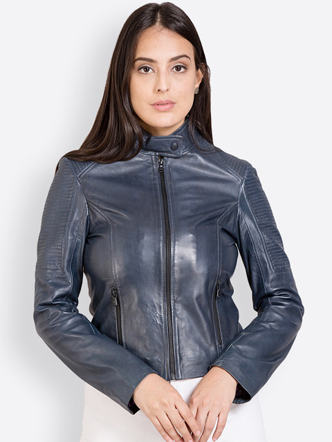 

Justanned Women Blue Solid Leather Jacket