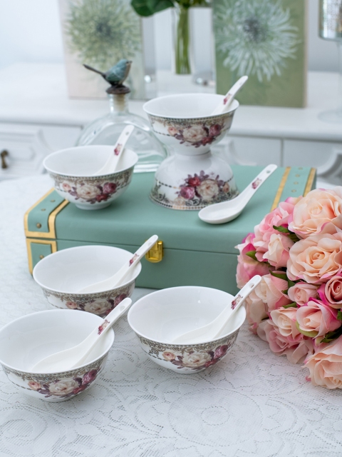 

White Gold White 12-Pieces Printed Porcelain Bowls & Spoons Set