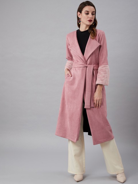 

Athena Women Pink Solid Knee-Length Faux Fur Trim Suede Wrap Coat