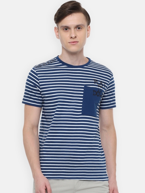 

People Men Blue Striped Round Neck T-shirt