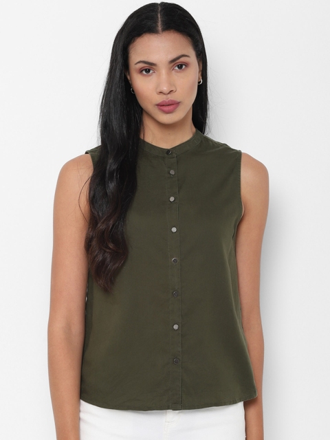 

People Women Olive Green Solid Shirt Style Top