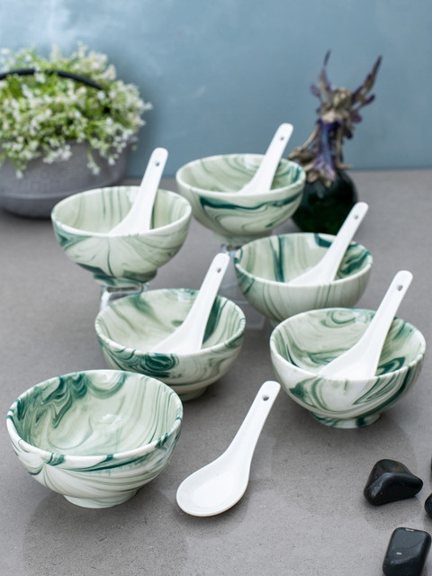 

White Gold Green 12-Pieces Printed Porcelain Soup Bowls Set