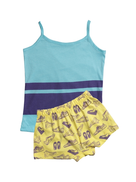 

You Got Plan B Girls Blue & Yellow Colourblocked & Printed Camisole Top & Briefs