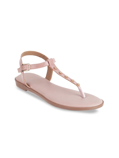 

LEMON & PEPPER Women Peach-Coloured Embellished Synthetic Patent T-Strap Flats