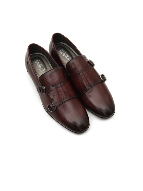 

ROSSO BRUNELLO Men Burgundy Solid Leather Formal Monks