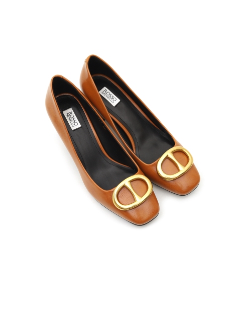 

ROSSO BRUNELLO Women Tan Brown & Gold-Toned Embellished Block Heels