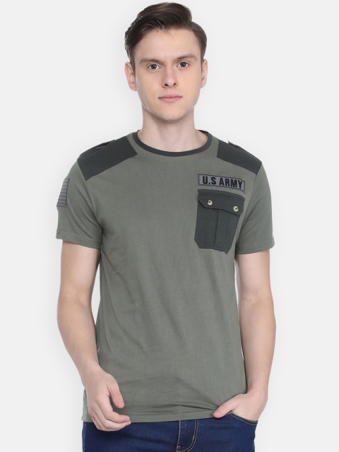 

People Men Olive Green Solid Round Neck T-shirt