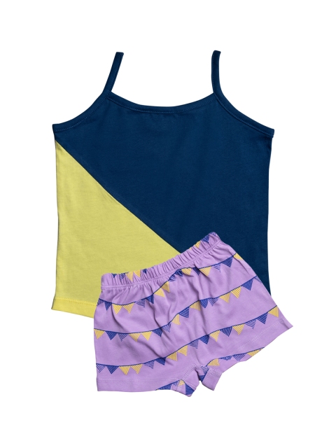 

You Got Plan B Girls Navy Blue & Yellow Colourblocked & Printed Camisole Top & Briefs