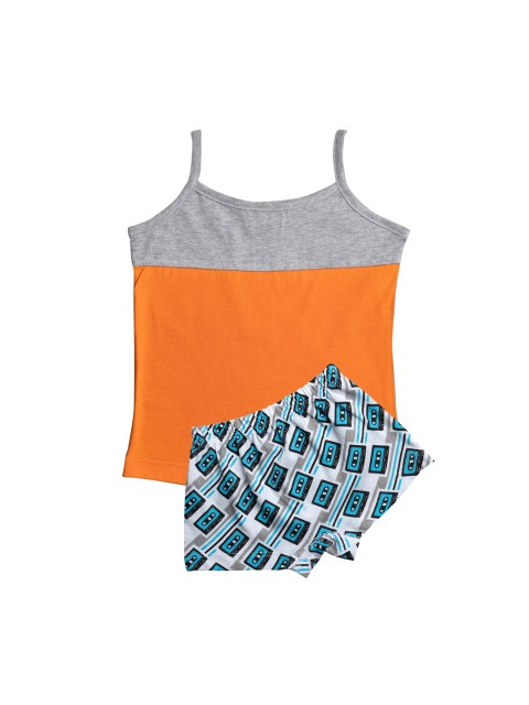 

You Got Plan B Girls Orange & Grey Melange Colourblocked & Printed Camisole Top & Briefs