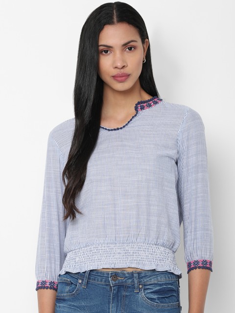 

People Women Grey Striped Blouson Pure Cotton Top