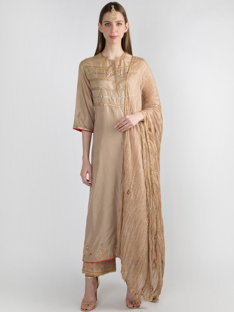 

Pernia Pop-Up Shop By Priyanka Singh Women Beige Yoke Design Kurta with Palazzos & Dupatta