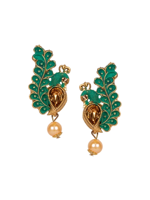 

ANIKAS CREATION Green & Gold-Plated Peacock Shaped Drop Earrings