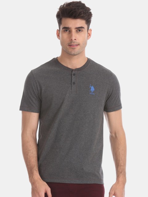 

U.S. Polo Assn. Men Charcoal Grey Solid Mandarin Collar T-shirt