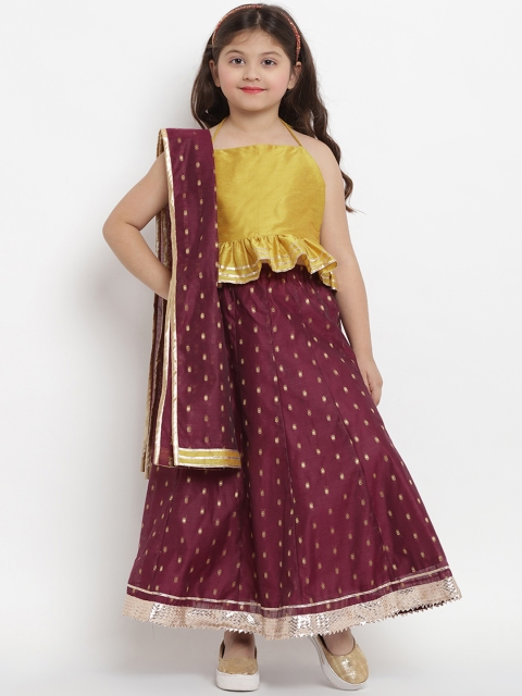 

Bitiya by Bhama Girls Mustard Yellow & Burgundy Printed Ready to Wear Lehenga Choli