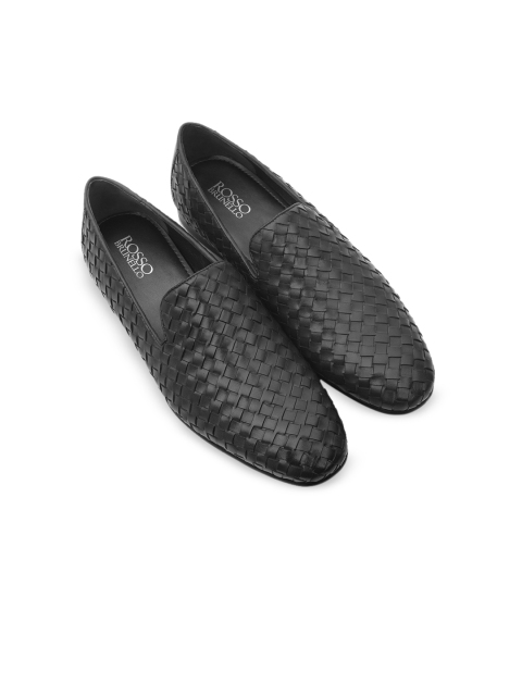 

ROSSO BRUNELLO Men Black Woven Design Italian Leather Formal Slip-Ons