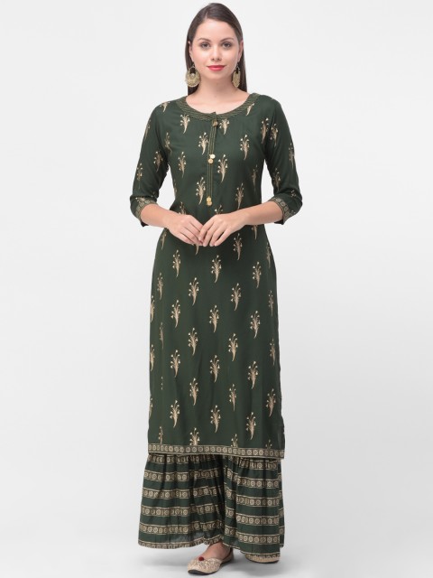 

aayusika Women Olive Green Printed Kurta with Palazzos
