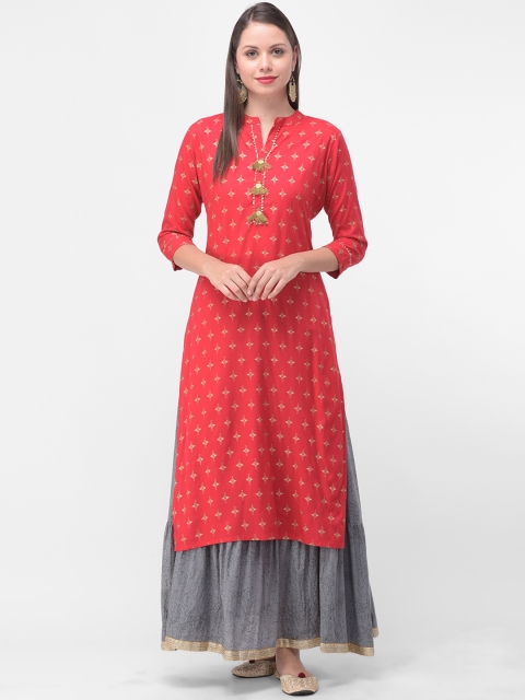 

aayusika Women Red & Grey Printed Kurta with Skirt