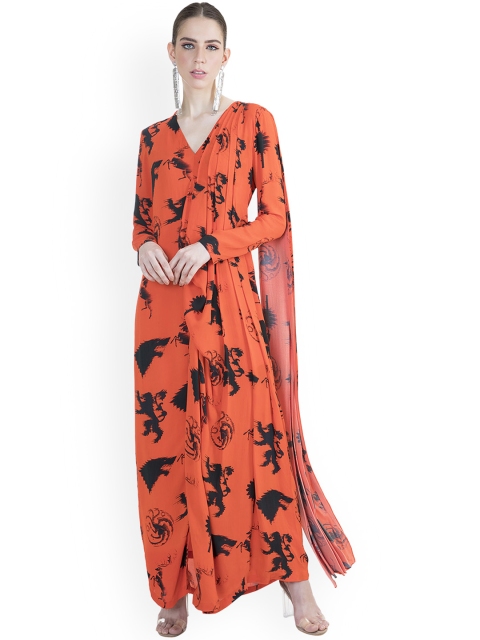 

Pernia Pop-Up Shop By MASABA X GOT Black & Orange Ready To Wear Gown Saree