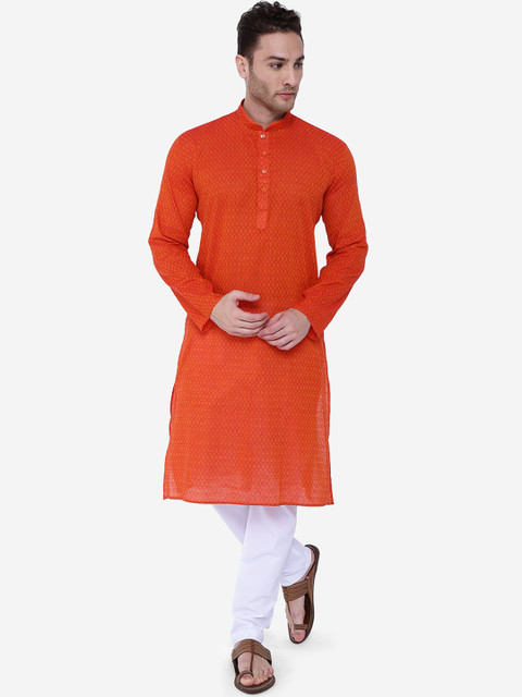 

RAJUBHAI HARGOVINDAS Men Orange & White Handloom Printed Kurta with Churidar