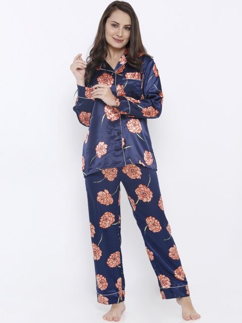 

Heart 2 Heart Women Navy Blue & Peach-Coloured Printed Night Suit