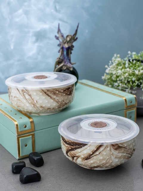 

White Gold Set of 2 White & Brown Airtight Bowls with Plastic Lids