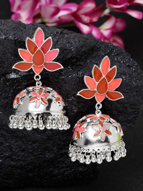 

Moedbuille Silver-Plated & Orange Meenakari Dome Shaped Jhumkas