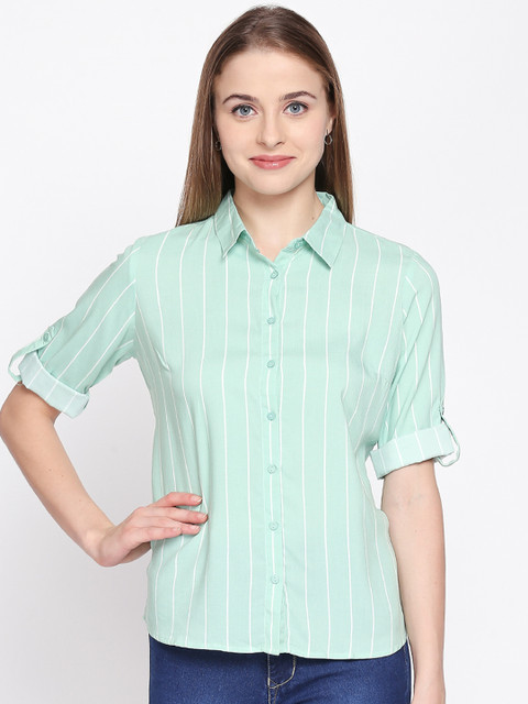 

Honey by Pantaloons Women Green Striped Denim Shirt Style Top