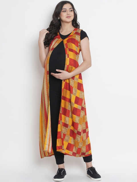 

Mine4Nine Women Mustard Yellow & Red Checked Open Front Shrug