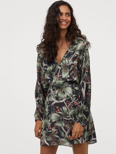 

H&M Women Black & Green Patterned Flounced Dress
