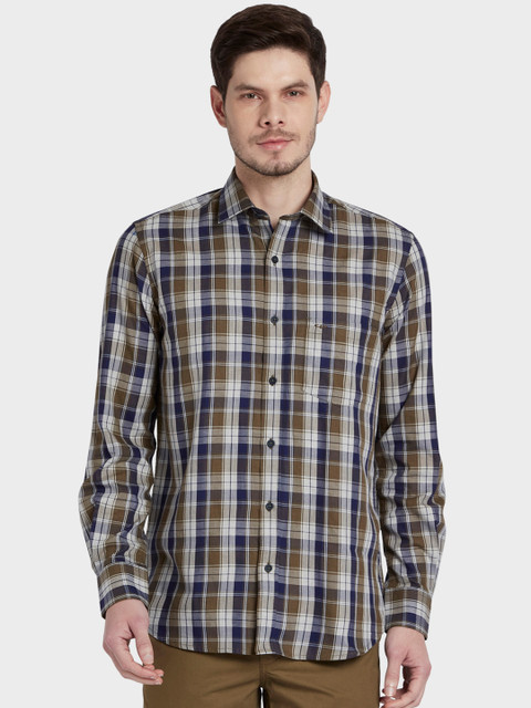 

ColorPlus Men Olive Green & Navy Blue Tailored Fit Checked Casual Shirt