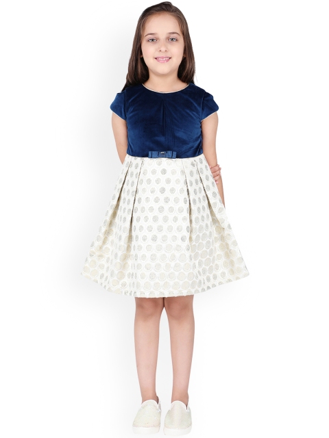 

One Friday Girls Blue Solid Velvet Bodice A-Line Dress, Navy blue