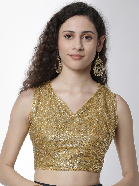 

De Moza Women Gold-Toned Embellished Crop Jaquard Top