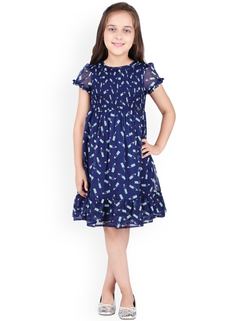 

One Friday Girls Navy Blue Printed Fit and Flare Dress