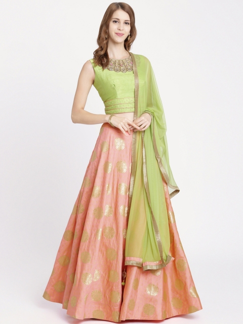 

Koskii Pink & Green Embroidered Ready to Wear Lehenga & Blouse with Dupatta