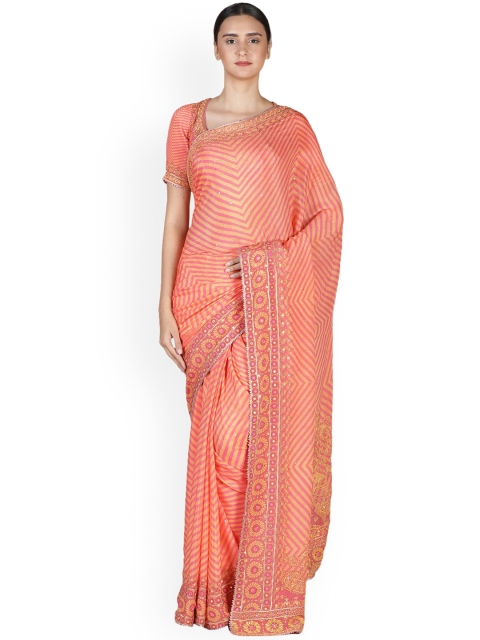 

Pernia Pop-Up Shop By Ri Ritu Kumar Orange & Pink Striped Saree, Coral