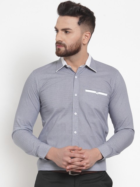 

Purple State Men Grey & White Slim Fit Printed Formal Shirt