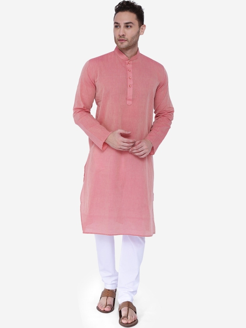 

RAJUBHAI HARGOVINDAS Men Pink & White Solid Handloom Kurta with Churidar