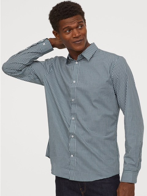 

H&M Men Turquoise Blue Easy-Iron Shirt Slim Fit