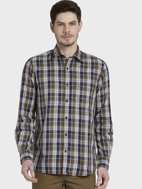

ColorPlus Men Olive Green & Navy Blue Tailored Fit Checked Casual Shirt