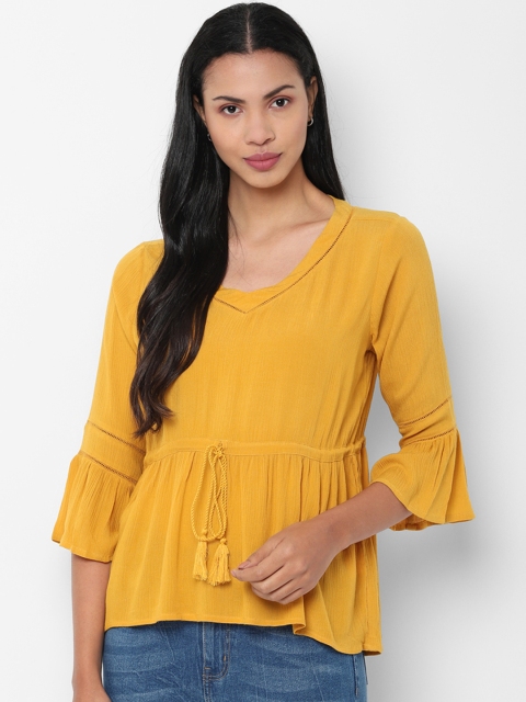 

People Women Yellow Solid Cinched Waist Top