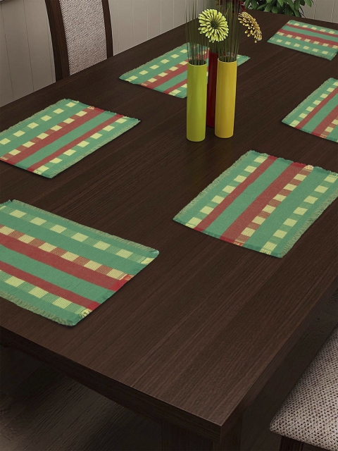 

NEUDIS Set Of 6 Green & Red Striped Ribbed Table Placemats