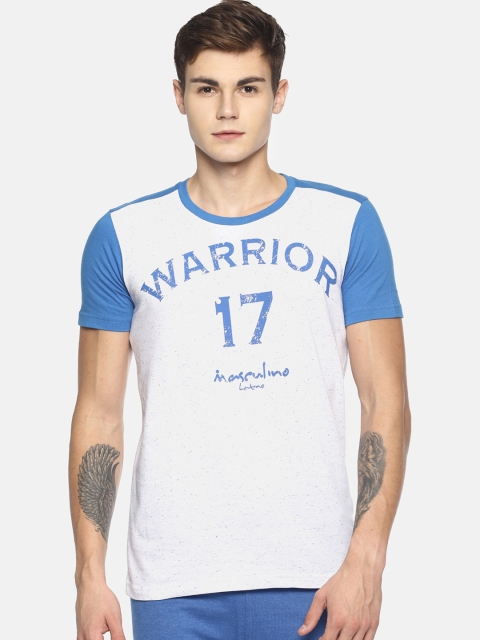 Masculino Latino Men White & Blue Solid Round Neck T-shirt