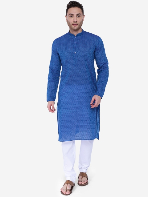 

RAJUBHAI HARGOVINDAS Men Blue & White Printed Handloom Kurta with Churidar