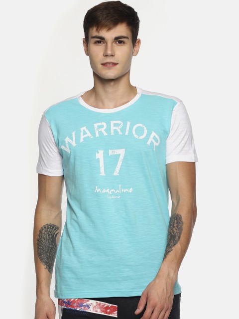 

Masculino Latino Men Turquoise Blue & White Printed Round Neck T-shirt